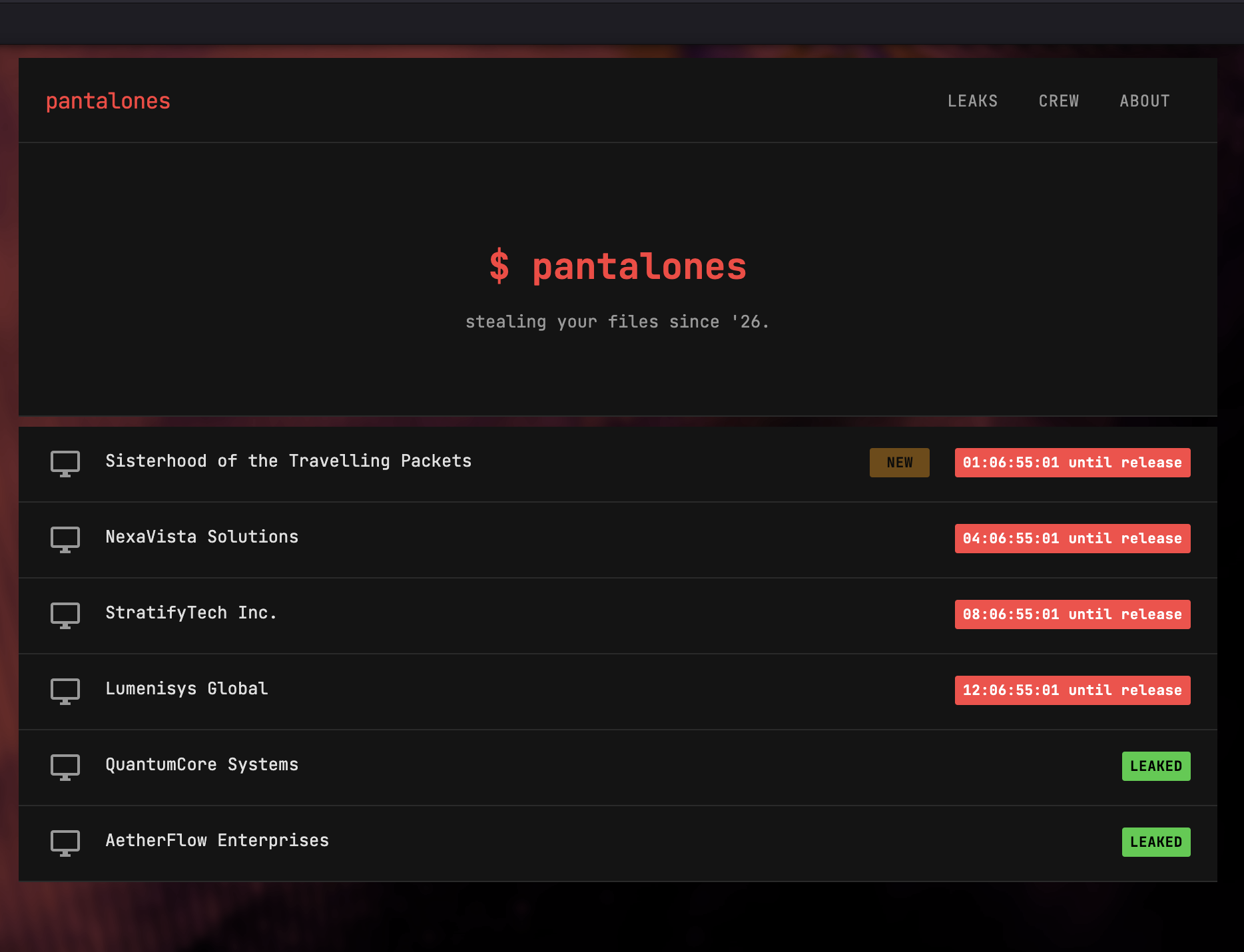 Pantalones leaks page listing QuantumCore Systems and AetherFlow Enterprises